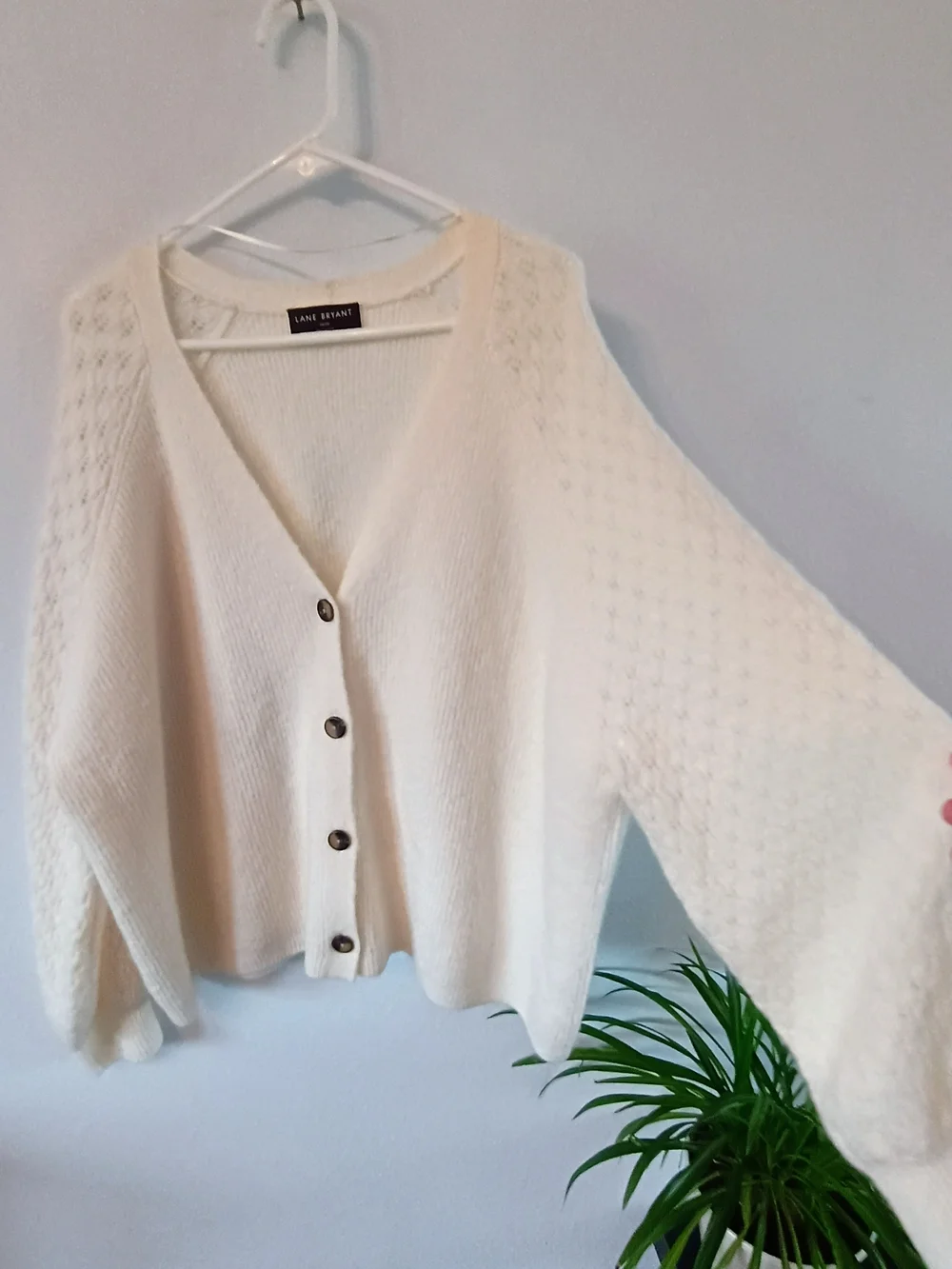 Lane Bryant 26/28 Ivory Textured Knit Button Front Balloon Sleeve Cardigan Sweat